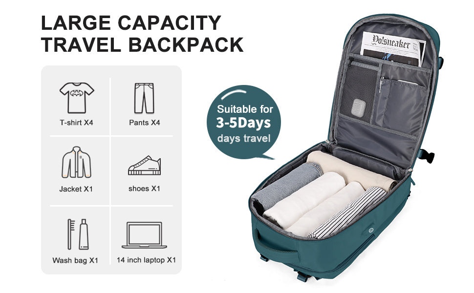 LarTravel Backpack, Carry On Backpack, HiBackpack, Waterproof Outdoor Sports Rucksack, Casual Daypack, School Bag, Fit 14 Inch Laptop With USB Charging Port &amp; Shoes Compartment