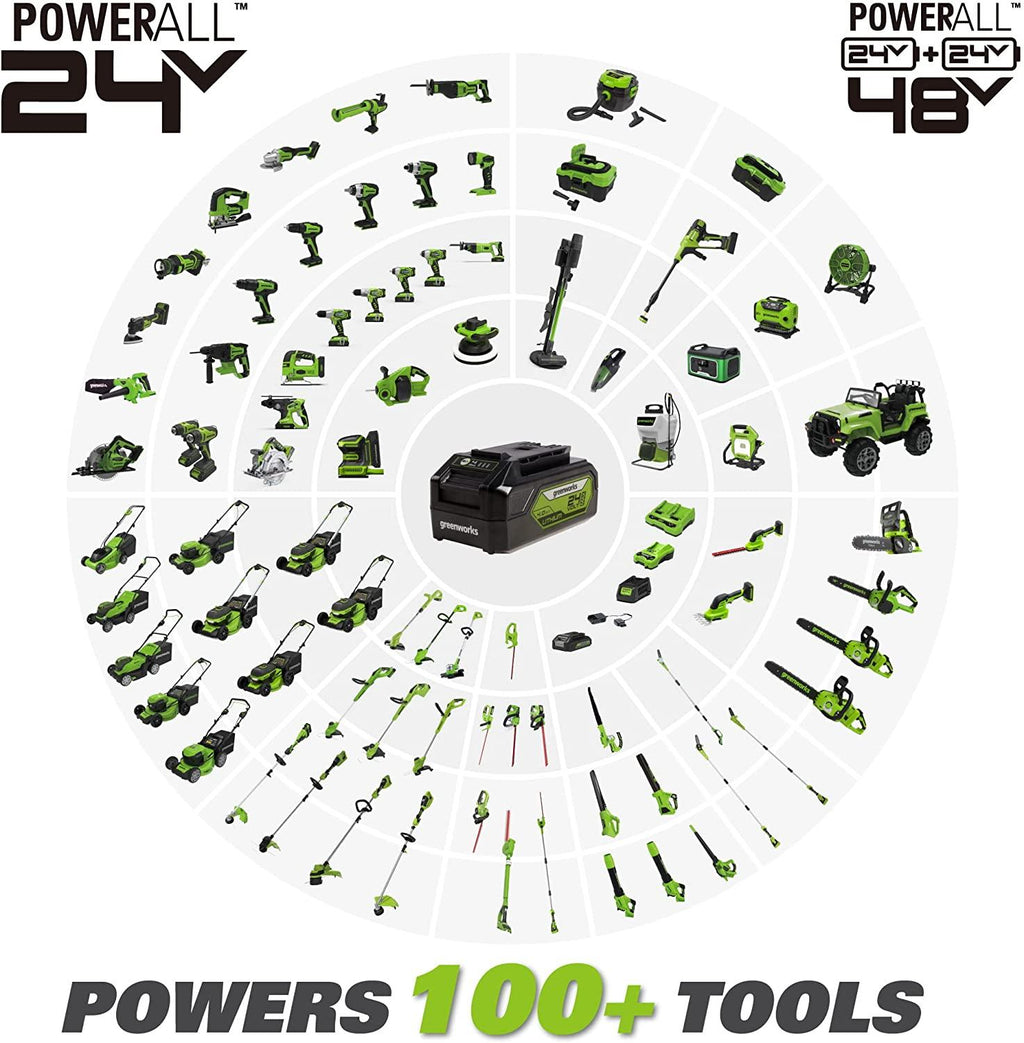 Greenworks 48V 14" Brushless Cordless Electric Lawn Mower, Leaf Blower, String Trimmer, Hedge Trimmer, Work Light, Fan, (2) 4.0Ah Batteries and Rapid Charger