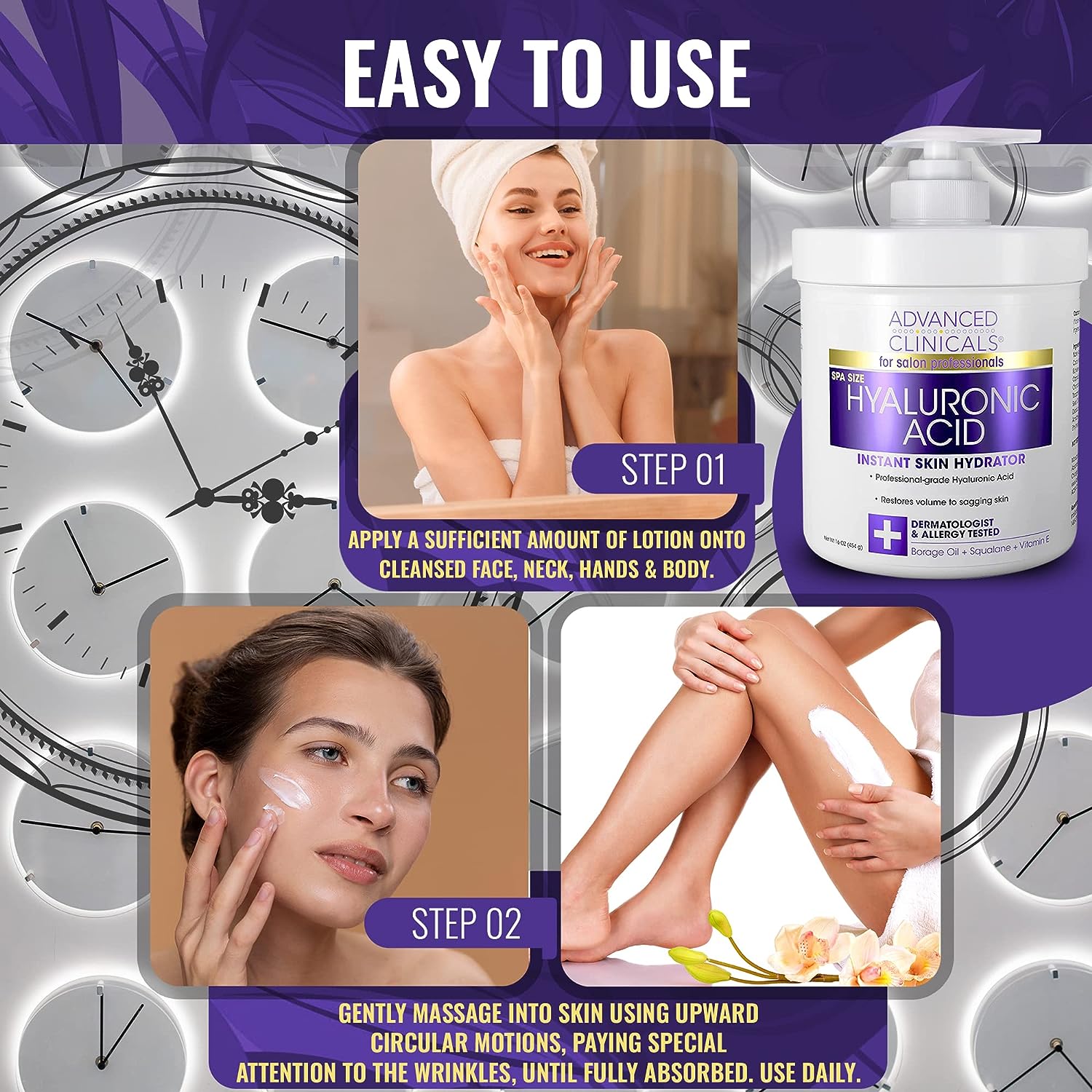 Advanced Clinicals Hyaluronic Acid Body Lotion &amp; Face Moisturizer W/Vitamin E | Hydrating Dry Skin Firming Lotion Minimizes Look Of Wrinkles, Stretch Marks, &amp; Crepey Skin | Skin Care Products, 16 Oz