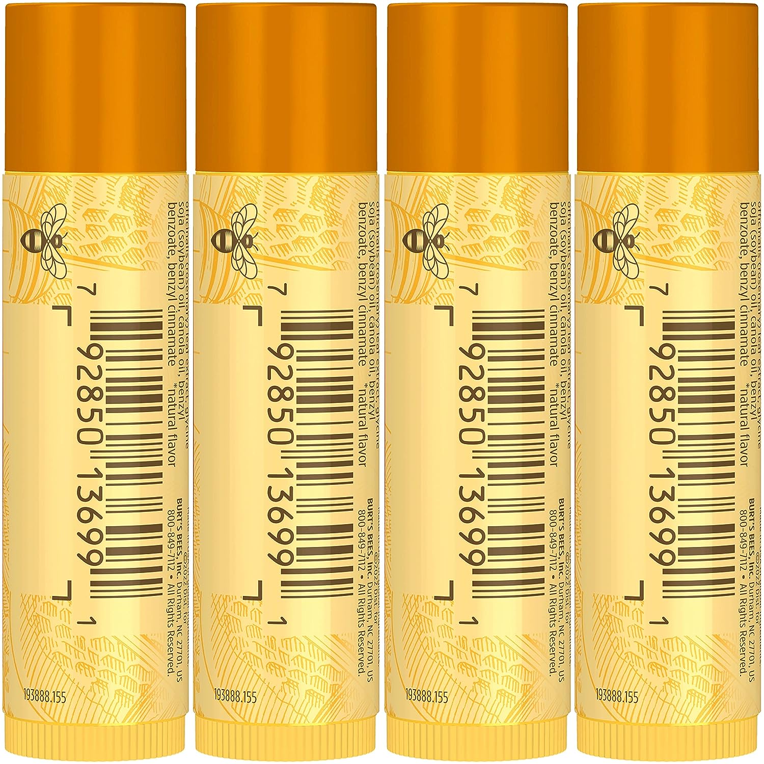 Burt's Bees 100% Natural Moisturizing Lip Balm, Honey with Beeswax - 4 Tubes