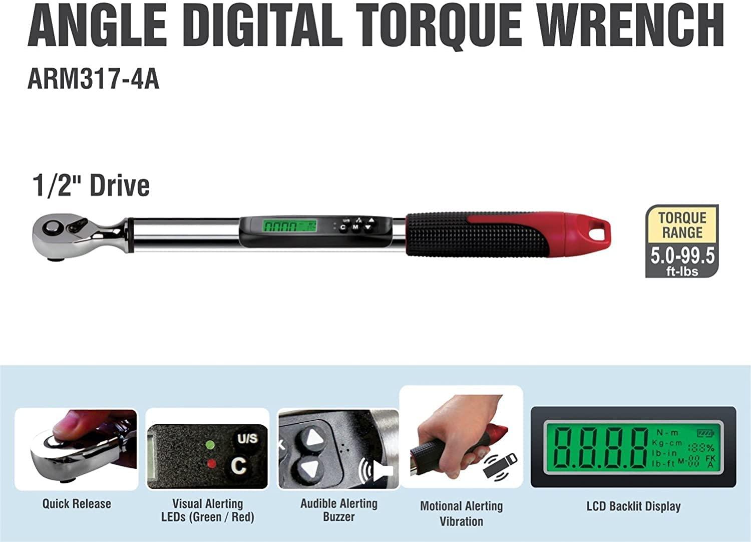 ACDelco Tools ARM317-4A 1/2” (5.0 to 99.5 ft-lbs.) Heavy Duty Angle Digital Torque Wrench with Buzzer and LED Flash Notification – ISO 6789 Standards with Certificate of Calibration