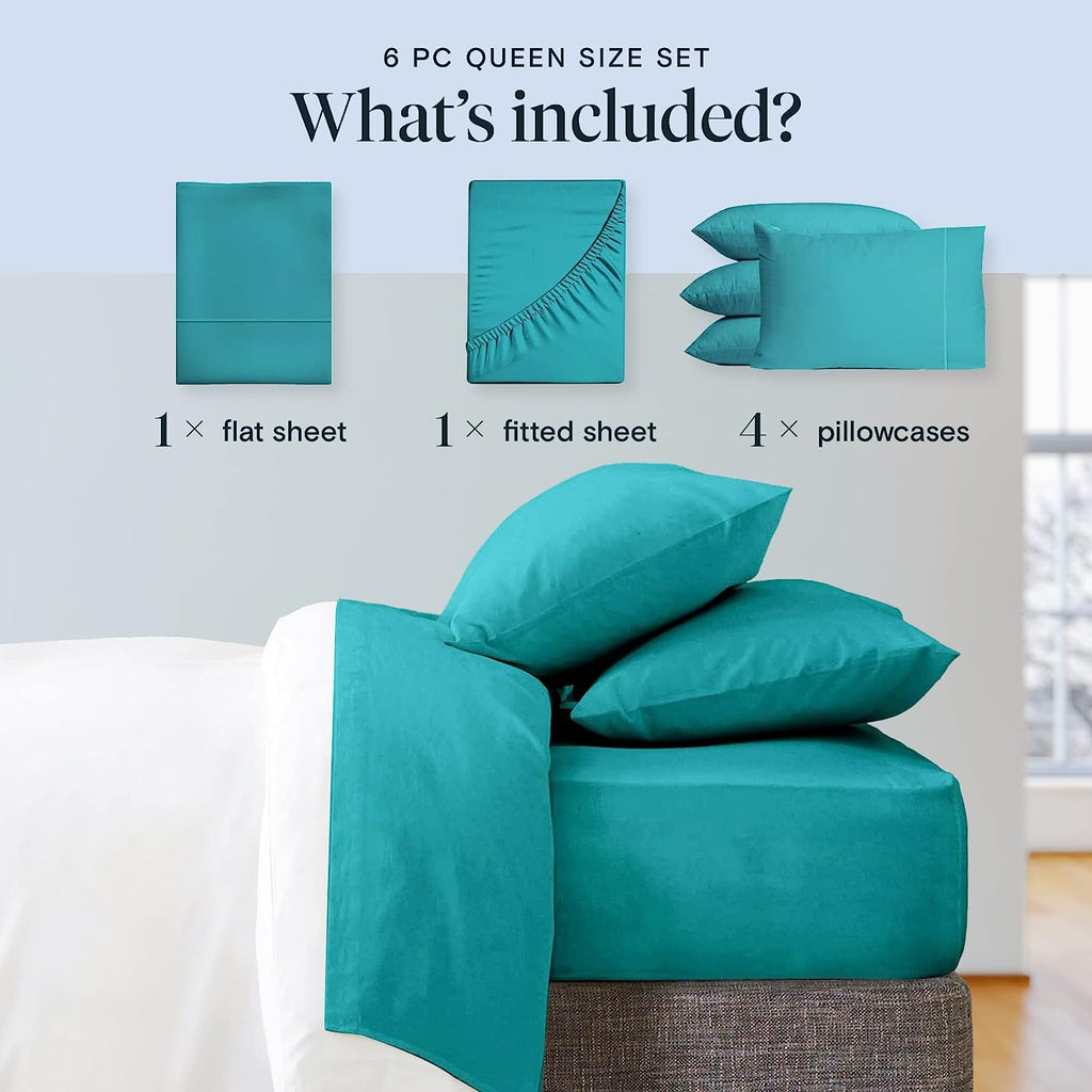 LuxClub 6 PC King Size Sheet Set Bamboo Sheets Deep Pockets 18" Eco Friendly Wrinkle Free Cooling Sheets Machine Washable Hotel Bedding Silky Soft - Teal King