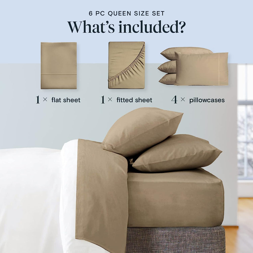 LuxClub 6 PC Queen Sheet Set Bamboo Sheets Deep Pockets 18" Eco Friendly Wrinkle Free Cooling Sheets Machine Washable Hotel Bedding Silky Soft - Taupe Queen