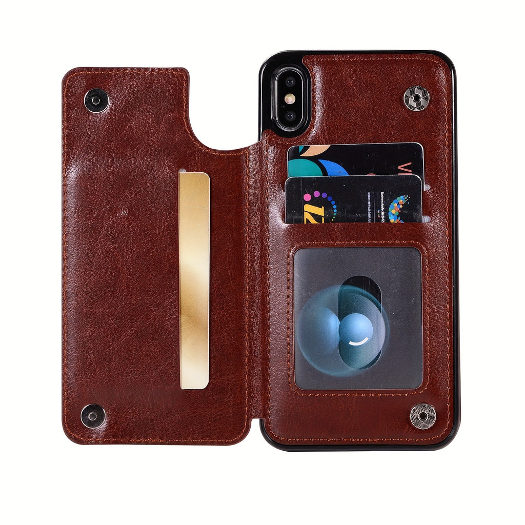 For  15/ 14/ 13/ 12/ 11 Pro Max/ Mini/ XR/ XS Max/ SE 2022/2020/ 7/ 8 Plus Wallet Case With Card Holder, PU Faux Leather Kickstand Card Slots Case, Double Magnetic Clasp And Durable Shockproof Cover