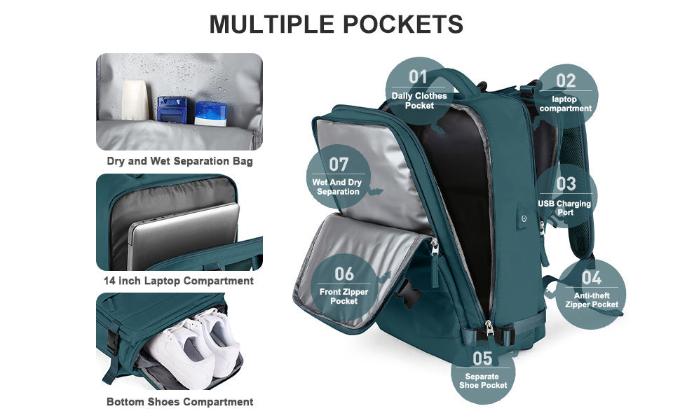 LarTravel Backpack, Carry On Backpack, HiBackpack, Waterproof Outdoor Sports Rucksack, Casual Daypack, School Bag, Fit 14 Inch Laptop With USB Charging Port &amp; Shoes Compartment