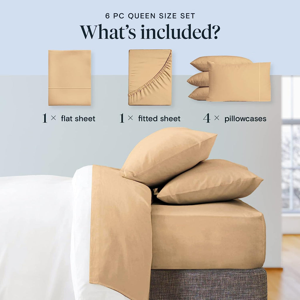 LuxClub 6 PC California King Size Sheet Set Bamboo Sheets Deep Pockets 18" Eco Friendly Wrinkle Free Cooling Sheets Machine Washable Hotel Bedding Silky Soft - Mocha California King