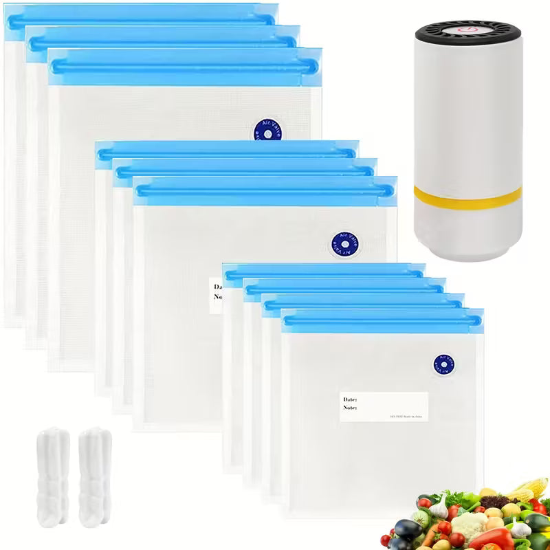 Food Vacuum Storage Bag and Handheld Electric Vacuum Machine Set, 3 Sizes Vacuum Sealed Zipper Bags with 1 Pack of Electric Pump, Large Medium Small Vacuum Zipper Bags for Refrigerator Storage, Food Freshness Preservation Bags