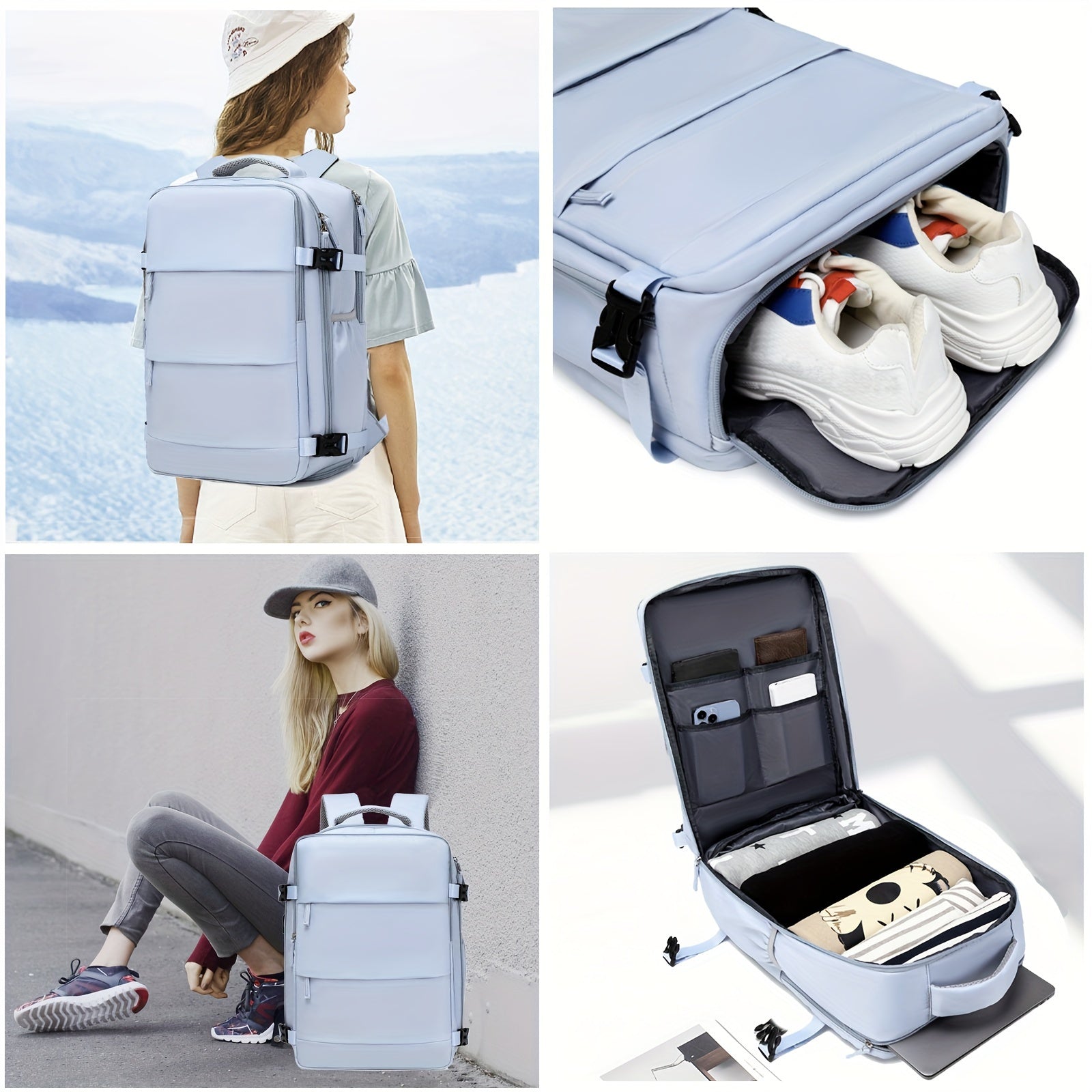 LarCapacity Travel Backpack With Shoe Compartment, Dacron Lightweight Laptop Daypack With Charging Port, Fashion Travel Commuter Bag
