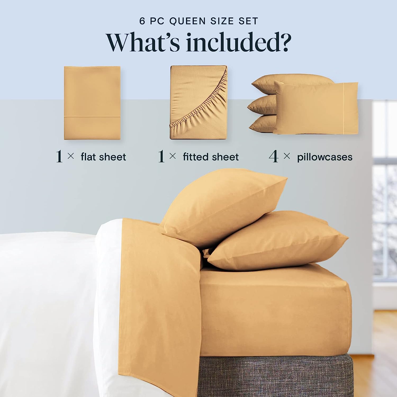 LuxClub 6 PC Queen Sheet Set Bamboo Sheets Deep Pockets 18" Eco Friendly Wrinkle Free Cooling Sheets Machine Washable Hotel Bedding Silky Soft - Gold Queen