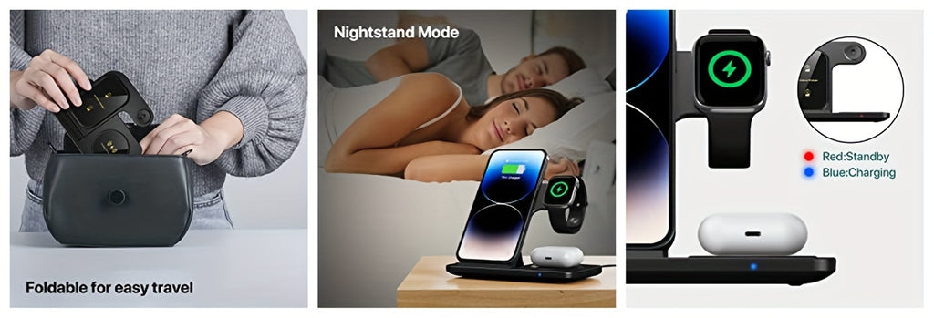 Wireless Charging Station For  Multiple Devices Foldable 3 In 1 Fast Charger Station Stand Dock For IWatch Series 8, 7, 6, SE, 5, 4, 3, 2, Airpods Pro 3, 2,  14Pro, 14, 13, Pro Max, 13 ,12, 11 Pro, X ,Max ,XS, XR, 8