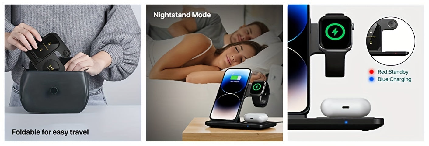 Wireless Charging Station For  Multiple Devices Foldable 3 In 1 Fast Charger Station Stand Dock For IWatch Series 8, 7, 6, SE, 5, 4, 3, 2, Airpods Pro 3, 2,  14Pro, 14, 13, Pro Max, 13 ,12, 11 Pro, X ,Max ,XS, XR, 8