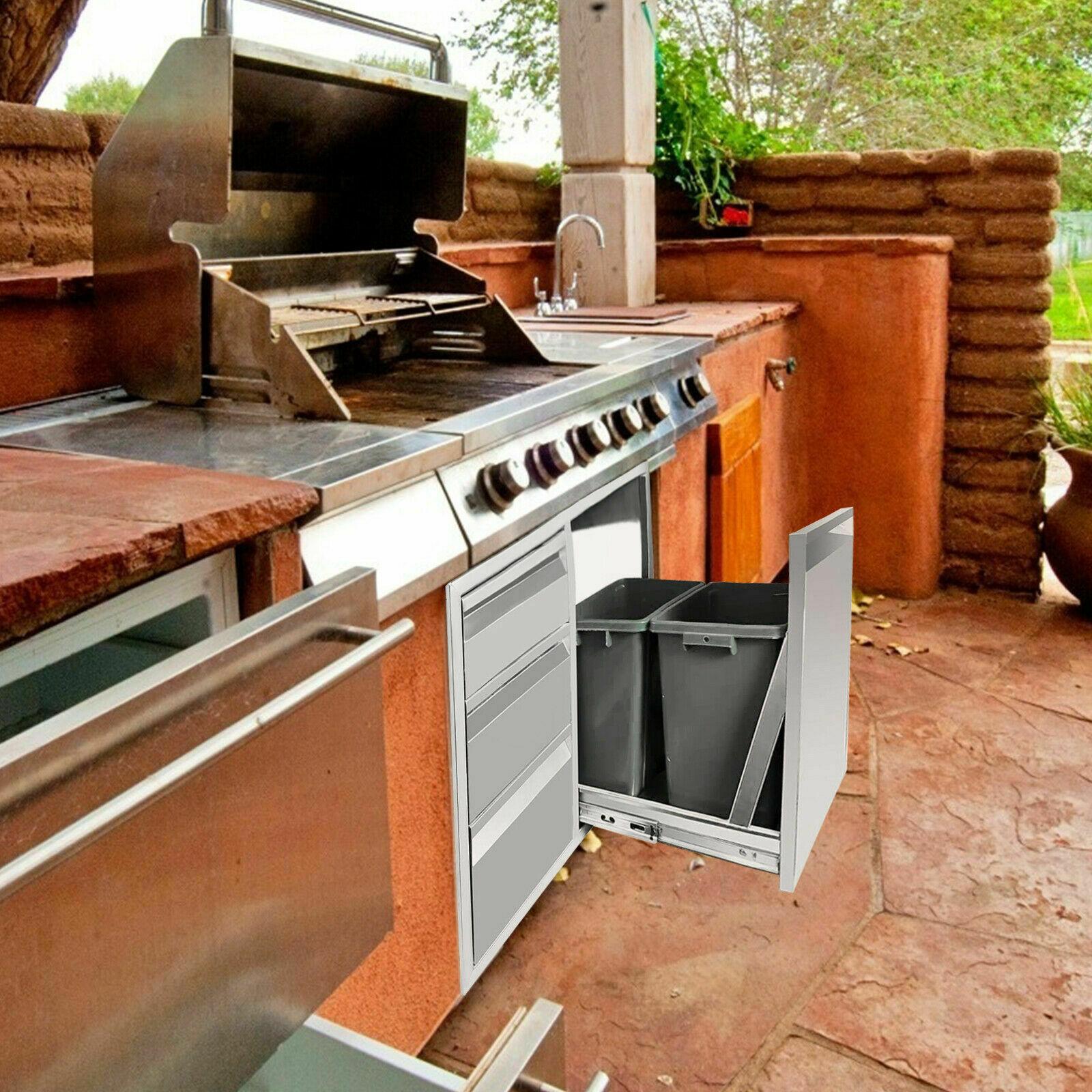 BBQ Access Door Triple Drawer Two Trash Cans Combo Outdoor Kitchen Flush Mount