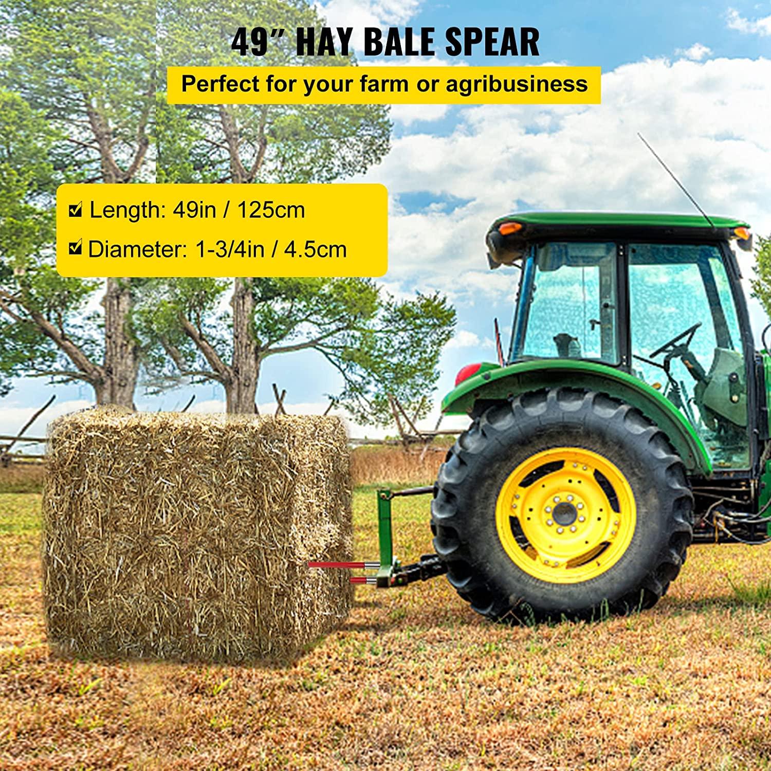 Mophorn Pair Hay Spear 49" Bale Spear 3000 lbs Capacity, Bale Spike  Attach Square Hay Bale Spears 1 3/4", Red Coated Bale Forks, Bale Hay Spike with Hex Nut & Sleeve for Buckets Tractors Loaders