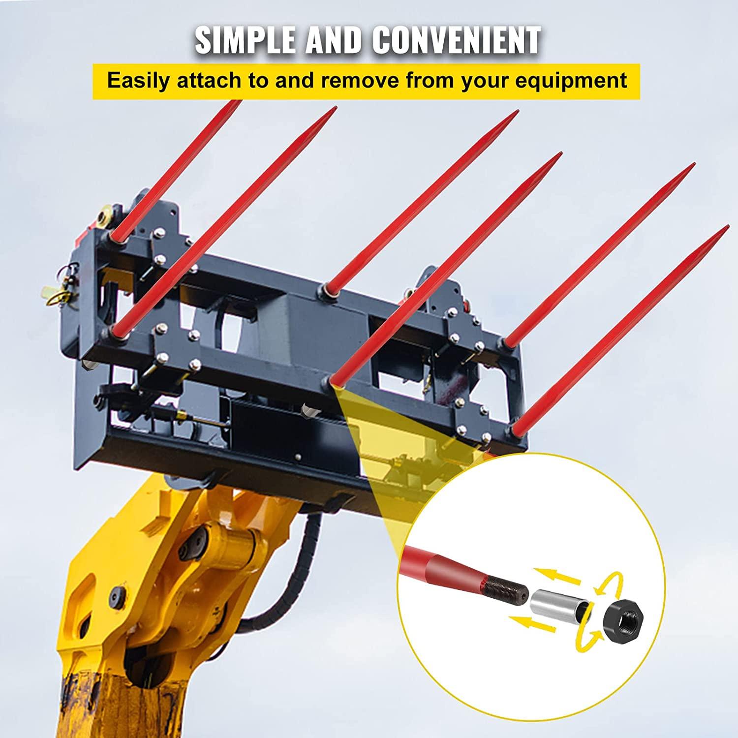 Mophorn Pair Hay Spear 49" Bale Spear 3000 lbs Capacity, Bale Spike  Attach Square Hay Bale Spears 1 3/4", Red Coated Bale Forks, Bale Hay Spike with Hex Nut & Sleeve for Buckets Tractors Loaders