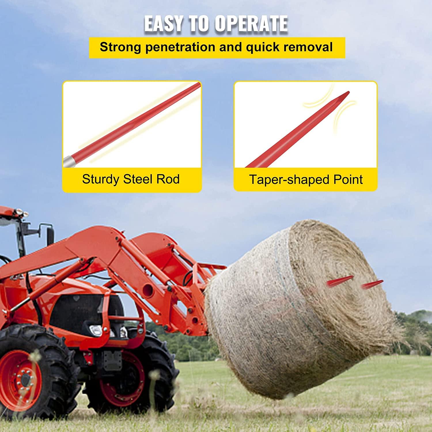 Mophorn Hay Spear 49" Bale Spear 4500 lbs Capacity, Bale Spike  Attach Square Hay Bale Spears 1 3/4" wide, Red Coated Bale Forks, Bale Hay Spike with Hex Nut & Sleeve for Buckets Tractors Loaders