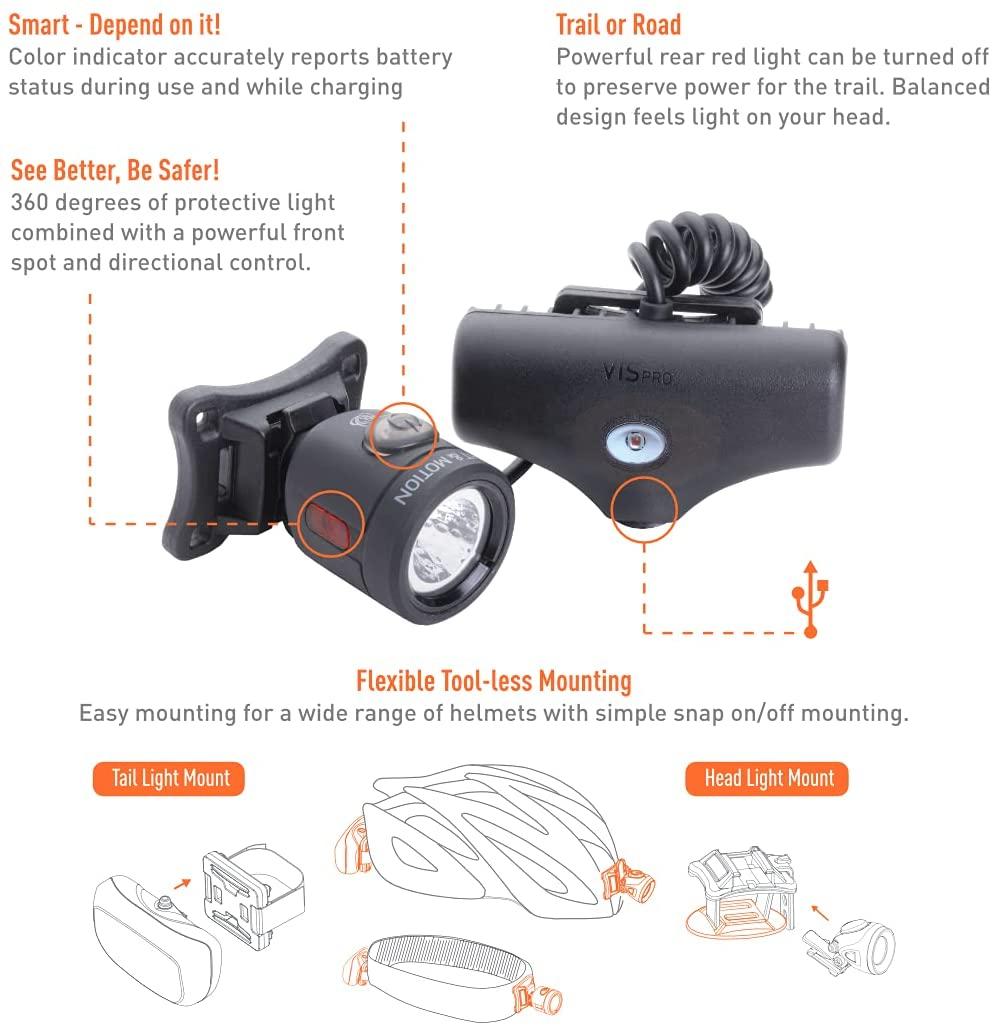 Light & Motion's Vis 360 Pro, The Most Advanced Lightweight Bike Helmet Light Combines a Powerful 600-lumen Front Light with a SafePulse Rear Light Delivers a 360 Degree Cone of Safety.