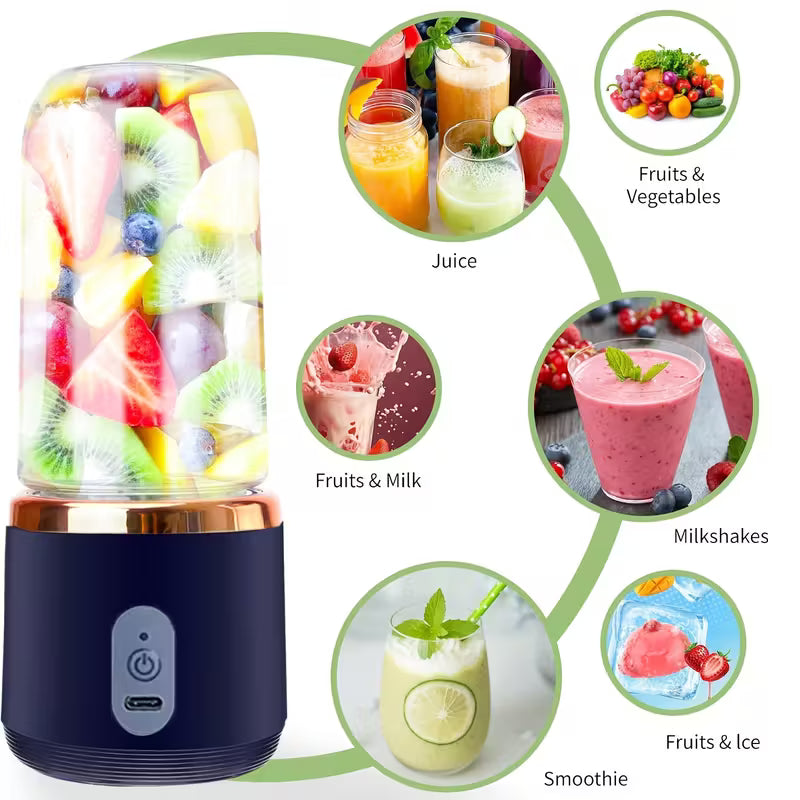 A High-Quality Juicing Cup with a Capacity of 400 Milliliters, Featuring a 2-In-1 Portable Lid And 6 Blades for Juicing, Perfect for Sports And Travel, And USB Rechargeable.