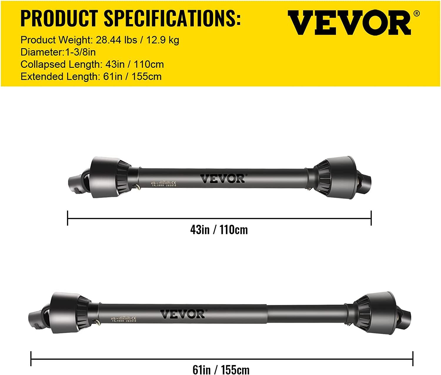 PTO Shaft, 1-3/8" PTO Drive Shaft, 6 Spline Tractor, Round Implement Ends PTO Driveline Shaft, Series 4 Tractor PTO Shaft, 43"-61" Brush Hog PTO Shaft Black, for Finish Mower, Rotary Cutter