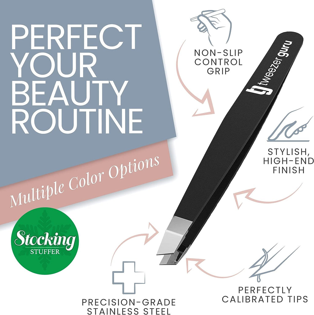 Tweezer Guru Tweezers for Women - Slant Pointed Precision Tweezers for Eyebrows &amp; Ingrown Hair Removal - Blackhead and Splinter Tweezer with Sharp Needle Nose Point for Plucking (Black)