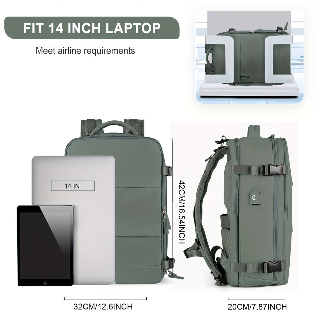 LarTravel Backpack, Carry On Backpack, HiBackpack, Waterproof Outdoor Sports Rucksack, Casual Daypack, School Bag, Fit 14 Inch Laptop With USB Charging Port &amp; Shoes Compartment