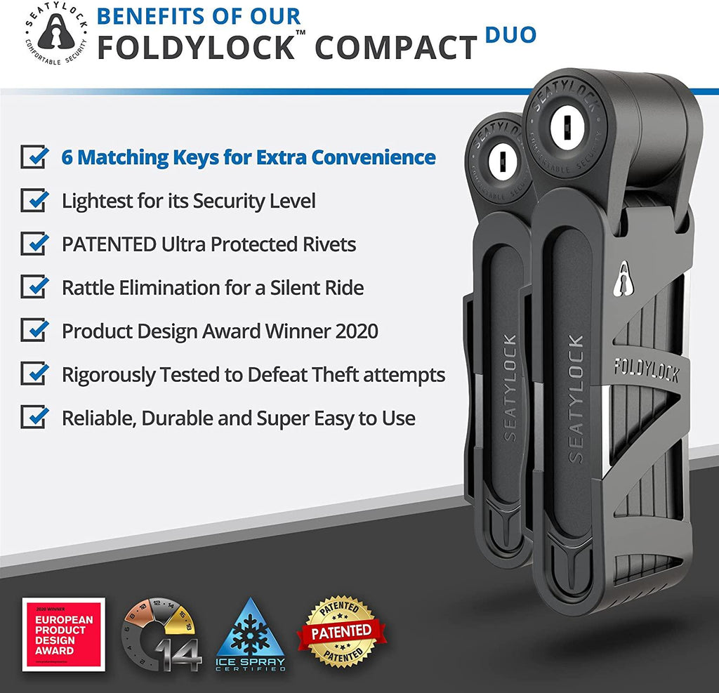 FoldyLock Folding Bike Locks - Set of 2 Matching Bike Locks with 6 Identical Keys - Patented Lightweight Heavy Duty Anti Theft Locks with Carrying Cases for Bicycles and Scooters (Compact Black)