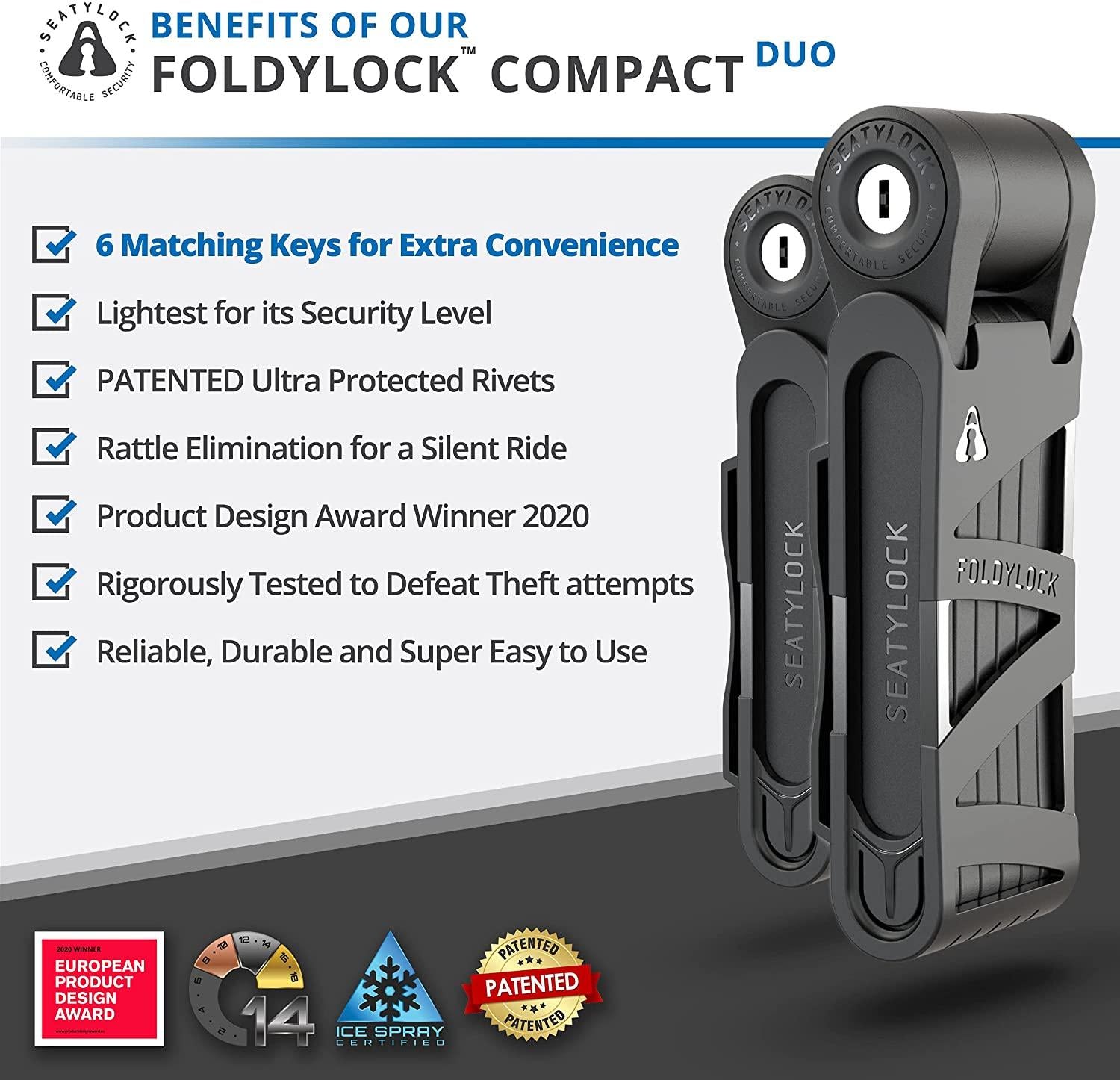 FoldyLock Folding Bike Locks - Set of 2 Matching Bike Locks with 6 Identical Keys - Patented Lightweight Heavy Duty Anti Theft Locks with Carrying Cases for Bicycles and Scooters (Compact Black)