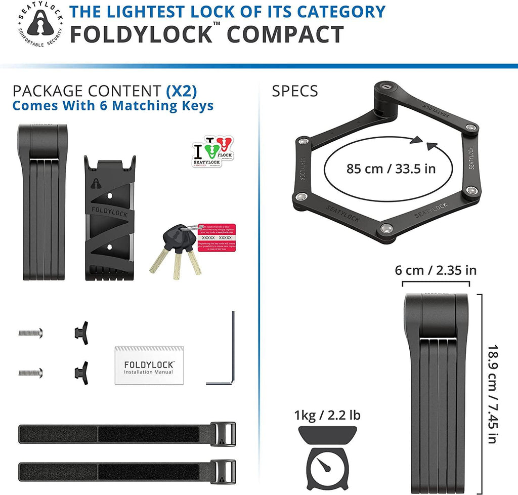 FoldyLock Folding Bike Locks - Set of 2 Matching Bike Locks with 6 Identical Keys - Patented Lightweight Heavy Duty Anti Theft Locks with Carrying Cases for Bicycles and Scooters (Compact Black)