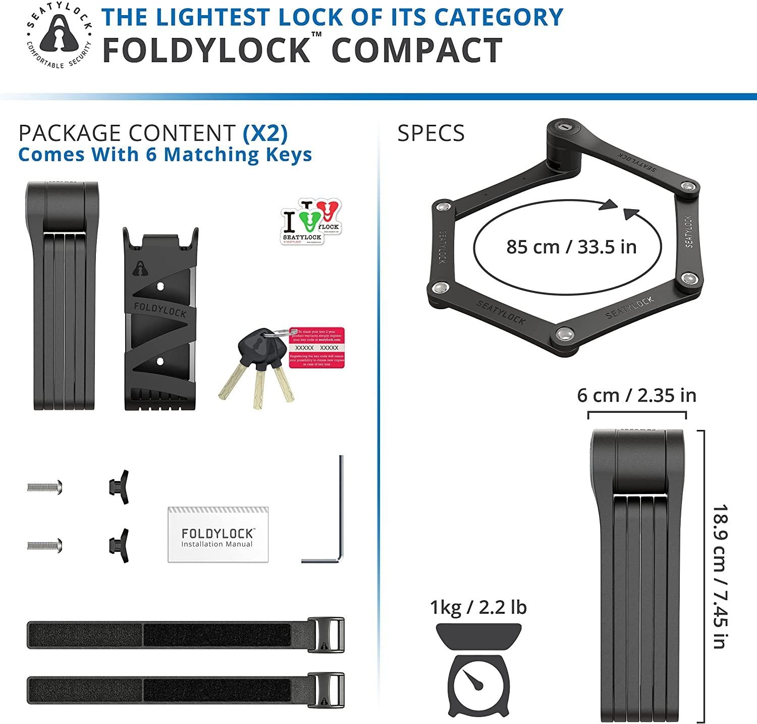 FoldyLock Folding Bike Locks - Set of 2 Matching Bike Locks with 6 Identical Keys - Patented Lightweight Heavy Duty Anti Theft Locks with Carrying Cases for Bicycles and Scooters (Compact Black)