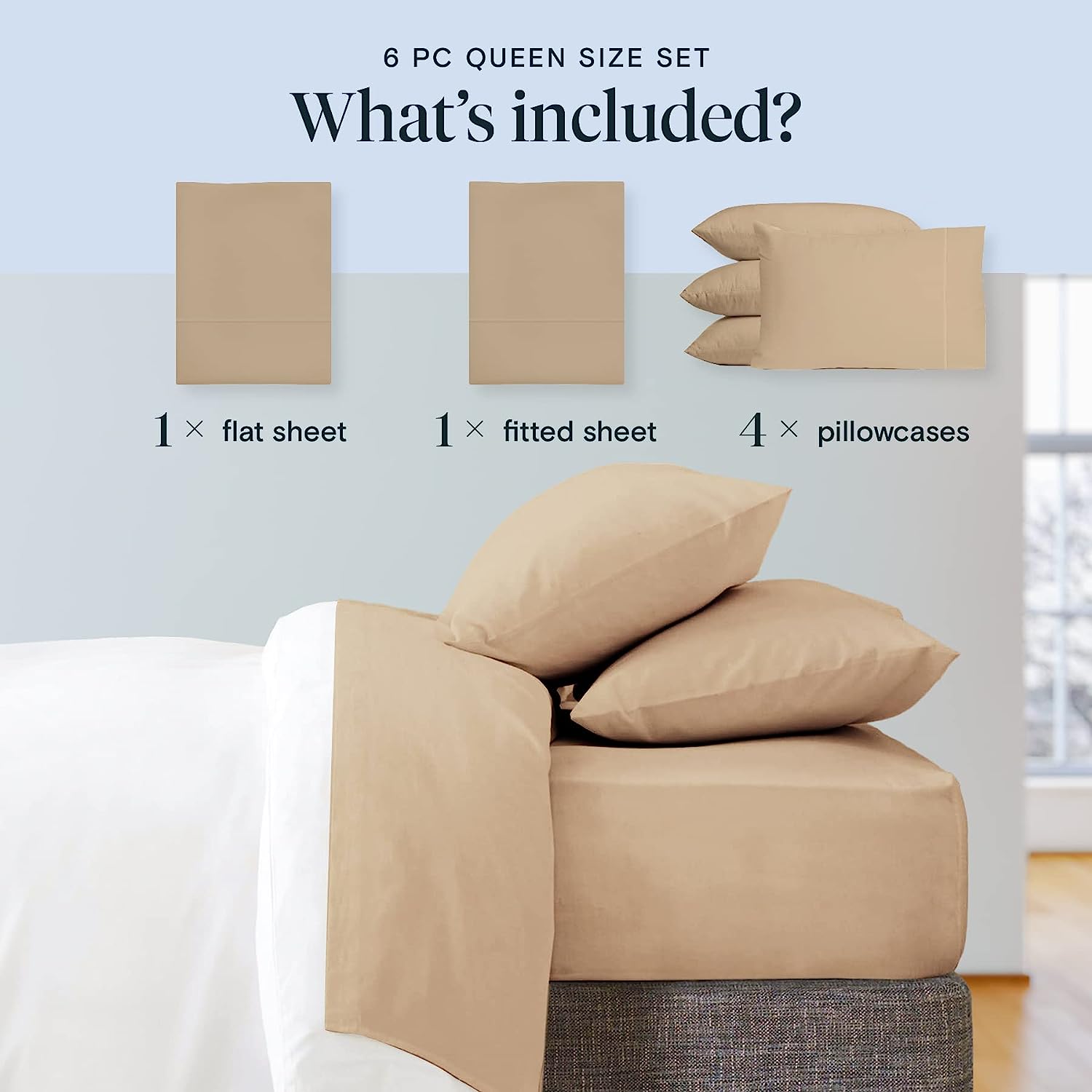 LuxClub 6 PC California King Size Sheet Set Bamboo Sheets Deep Pockets 18" Eco Friendly Wrinkle Free Cooling Sheets Machine Washable Hotel Bedding Silky Soft - Light Khaki California King