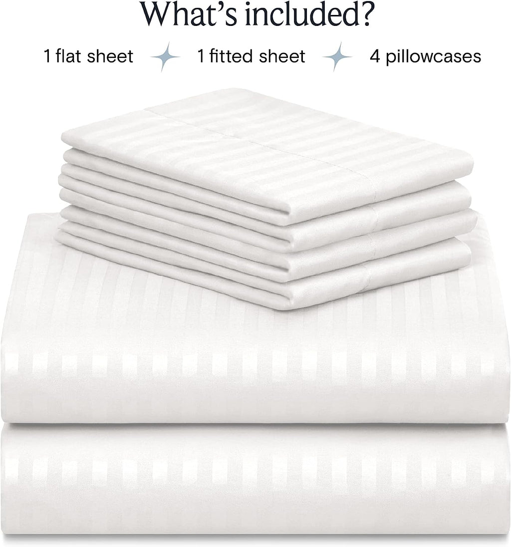 LuxClub Striped Sheets Set, 6 PC Striped Bed Sheets Full Size, Deep Pockets 18" Eco Friendly Wrinkle Free Cooling Sheets Machine Washable Hotel Bedding Silky Soft (Full, Striped White)