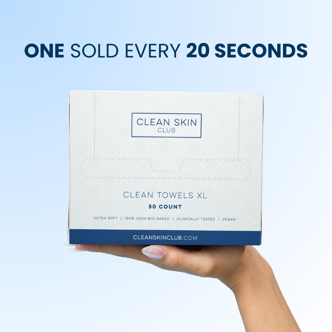 Clean Skin Club Clean Towels XL, 100% USDA Biobased Dermatologist Approved Face Towel, Disposable Clinically Tested Face Towelette, Facial Washcloth, Makeup Remover Dry Wipes, 100 ct, 2 pack