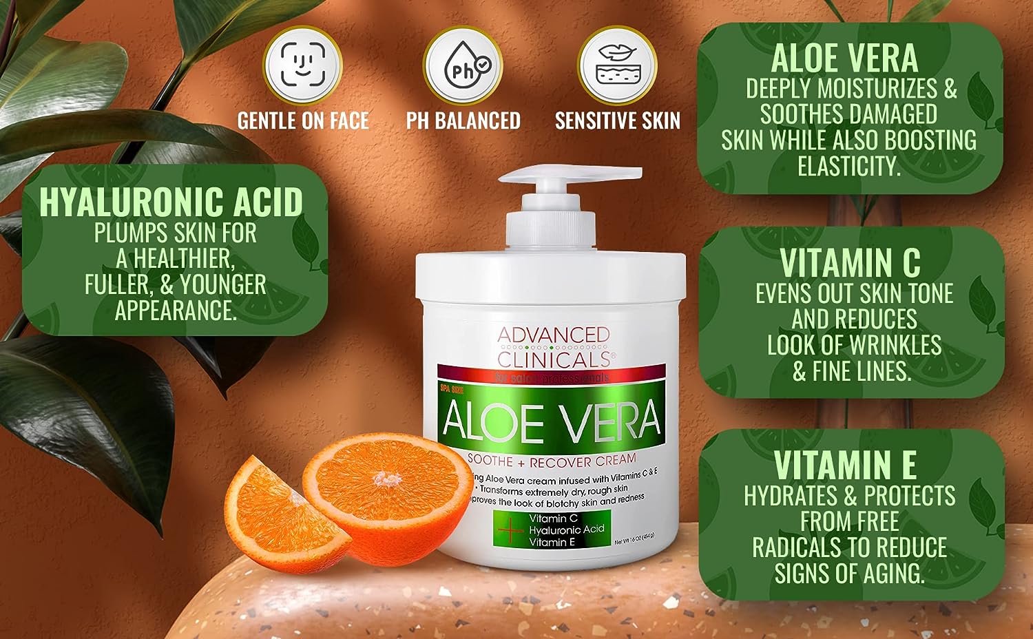 Advanced Clinicals Aloe Vera, Vitamin C &amp; Hyaluronic Acid Face &amp; Body Cream, Moisturizing Lotion for Dry &amp; Sun-Damaged Skin, 16 Oz