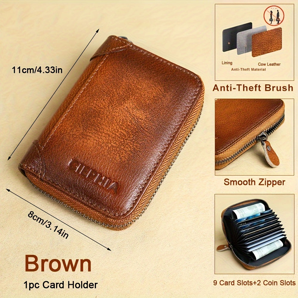 1pc Genuine Leather Rfid BlocWallets For Men, Retro Thin Short Multi-functional ID Credit Card Holder, Gifts To Men On Valentine's Day