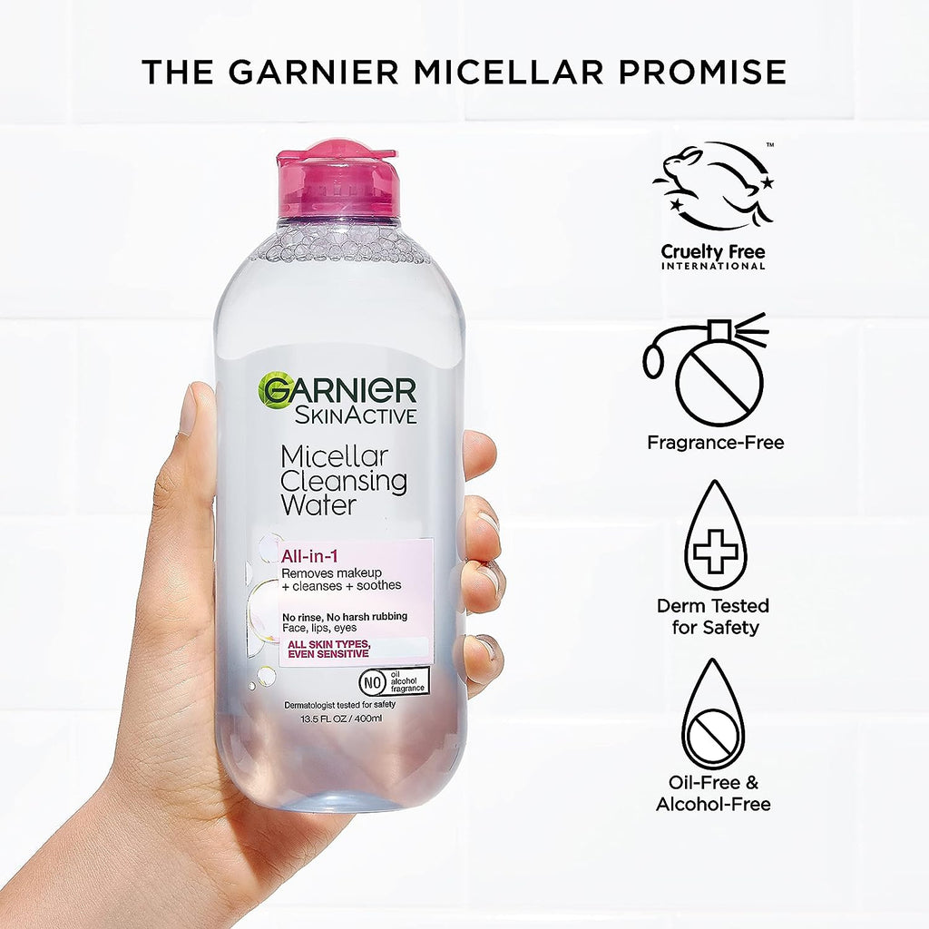 Garnier SkinActive Micellar Water for All Skin Types, Facial Cleanser &amp; Makeup Remover, 13.5 Fl Oz (400mL), 2 Count (Packaging May Vary)