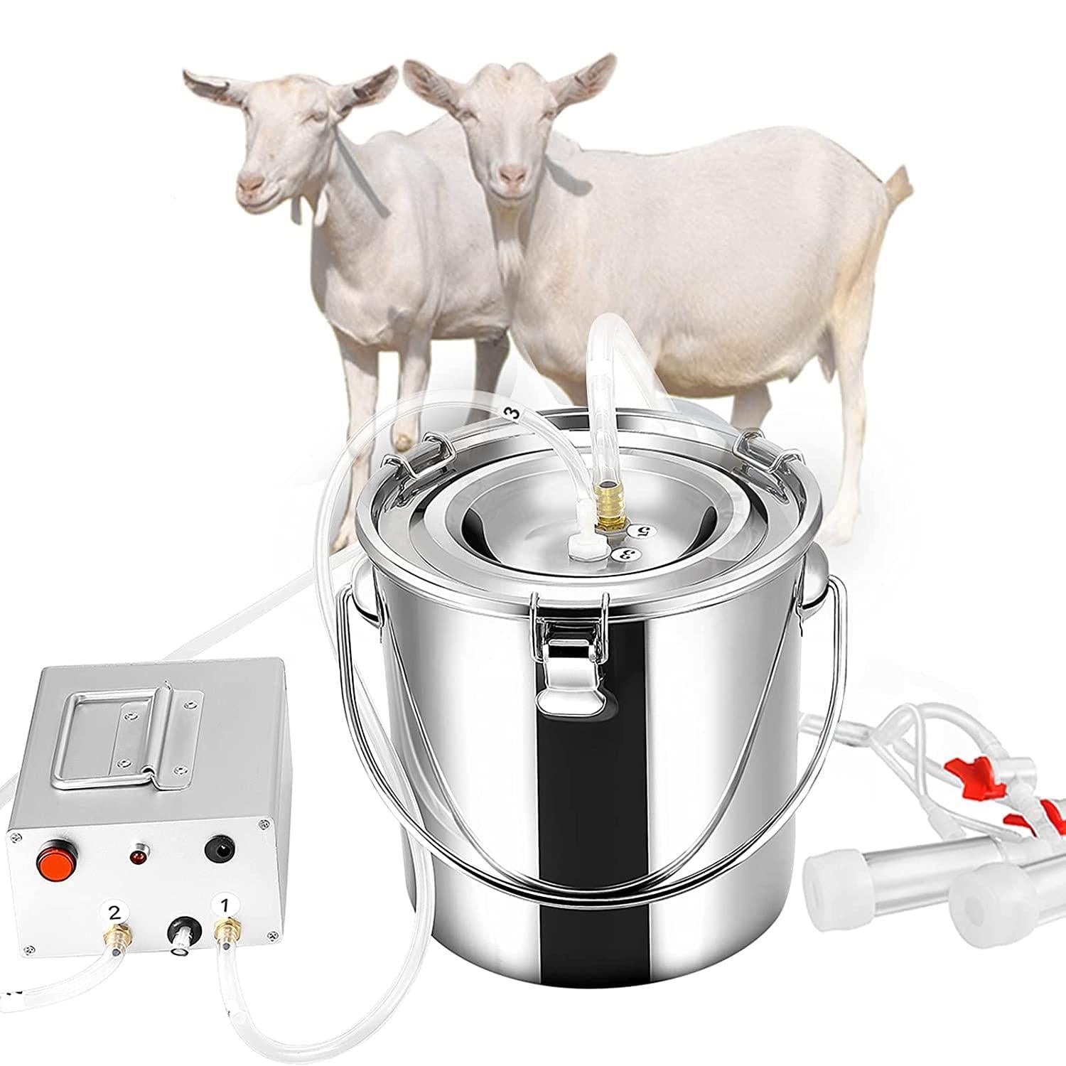 Goat MilMachine Goat Milker Electric MilMachine with 2 Teat Cups Pulsation Vacuum Pump  Steel Bucket 7L for Goat