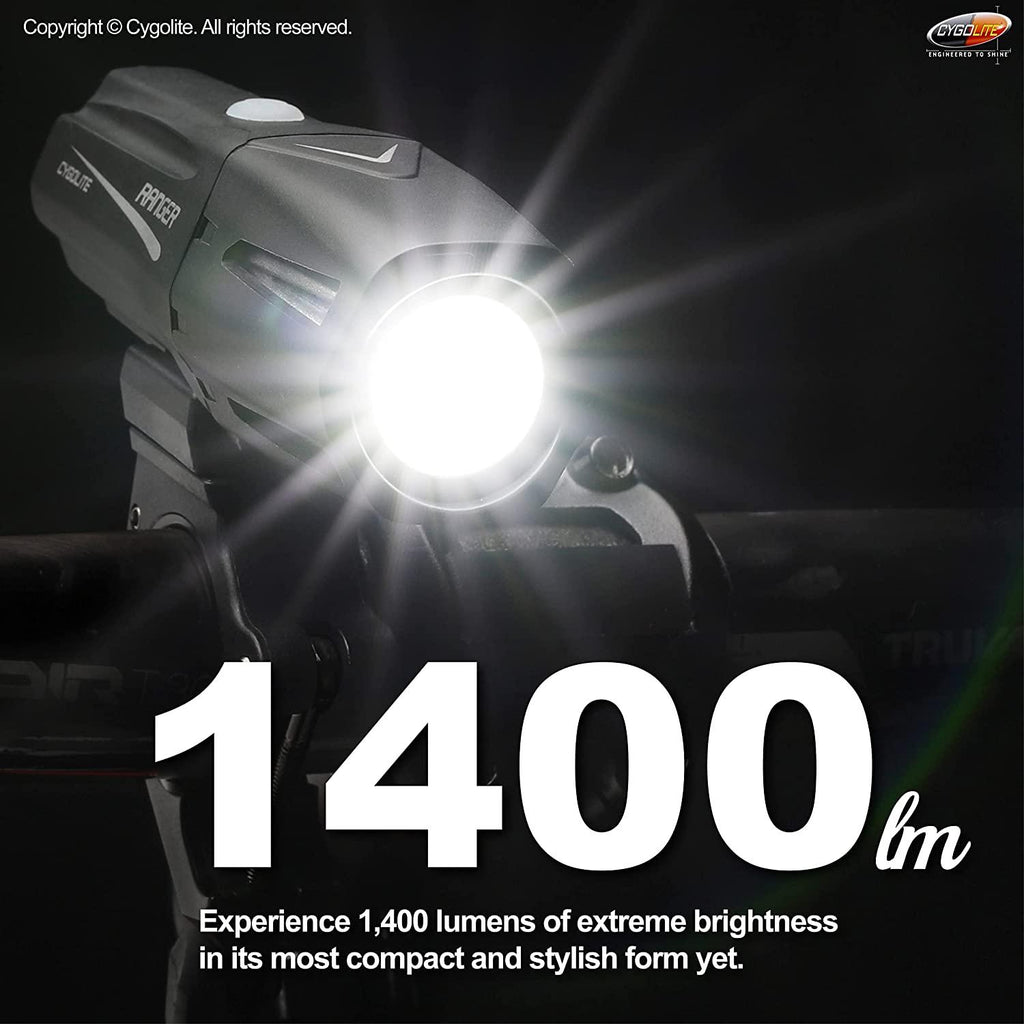 Cygolite Ranger – 1,400 Lumen Bike Light – 5 Night & 3 Daytime Modes – Compact & Durable – IP67 Waterproof – Secured Hard Mount – USB Rechargeable Headlight – for Road, Mountain, Commuter Bicycles