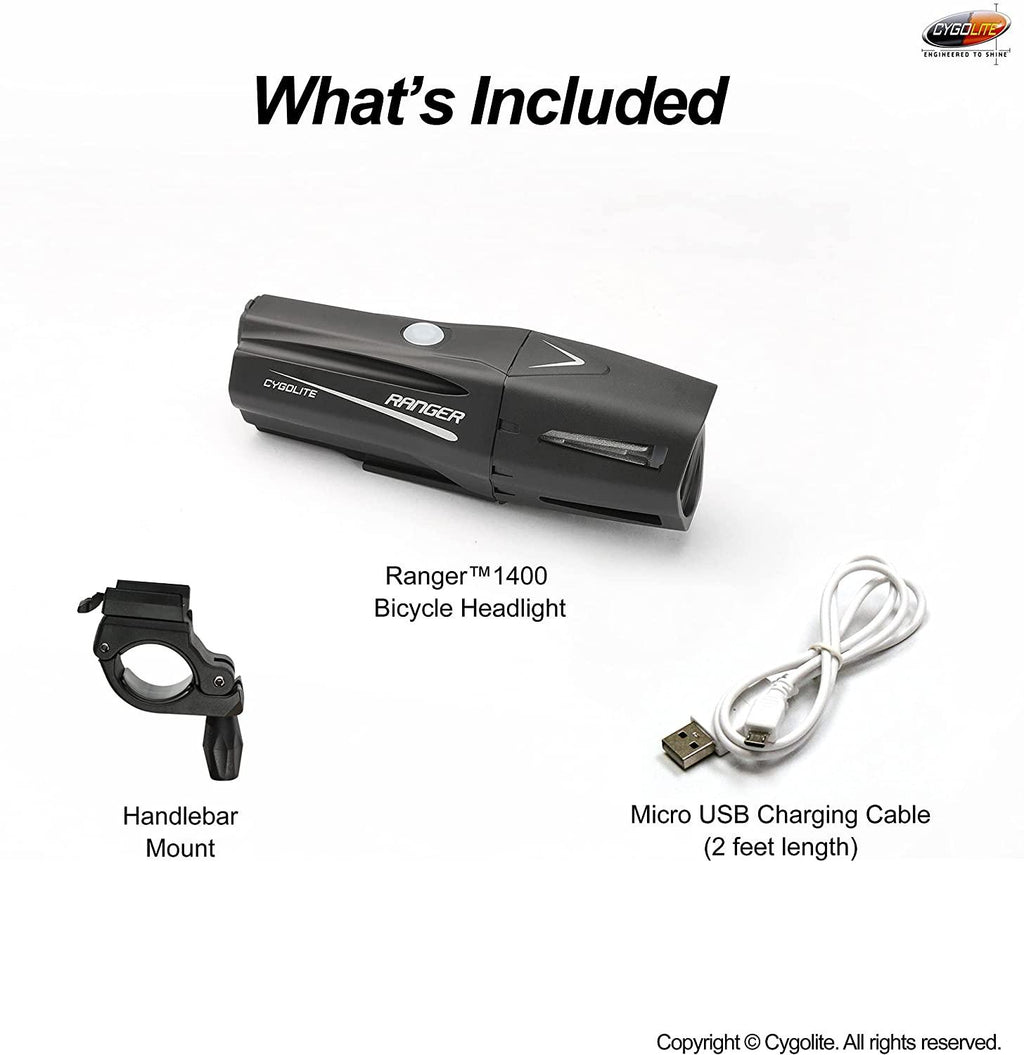 Cygolite Ranger – 1,400 Lumen Bike Light – 5 Night & 3 Daytime Modes – Compact & Durable – IP67 Waterproof – Secured Hard Mount – USB Rechargeable Headlight – for Road, Mountain, Commuter Bicycles