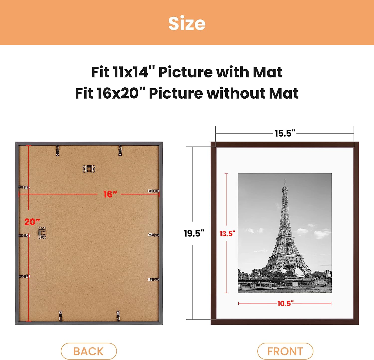upsimples 16x20 Picture Frame Set of 5, Display Pictures 11x14 with Mat or 16x20 Without Mat, Wall Gallery Poster Frames, Brown