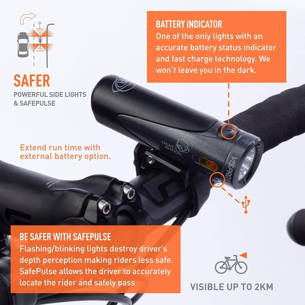 Light & Motion Vis Pro 1000 Blacktop, Light up The Road with 1000 lumens of raw Power, or Switch to SafePulse Mode for max Daytime Safety. Industry-Leading Reliability, Easy mounting, 4 Modes.