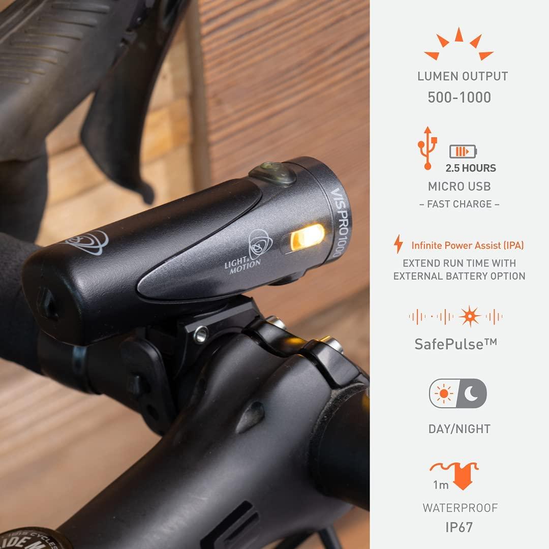 Light & Motion Vis Pro 1000 Blacktop, Light up The Road with 1000 lumens of raw Power, or Switch to SafePulse Mode for max Daytime Safety. Industry-Leading Reliability, Easy mounting, 4 Modes.