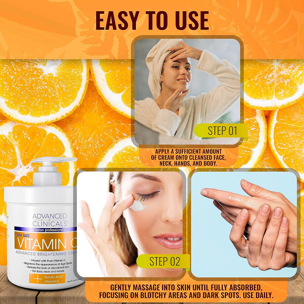 Advanced Clinicals Vitamin C Cream Face Lotion &amp; Body Lotion Moisturizer | Anti Aging Skin Care Firming &amp; Brightening Cream For Body, Face, Uneven Skin Tone, Wrinkles, &amp; Sun Damaged Dry Skin, 16 Oz