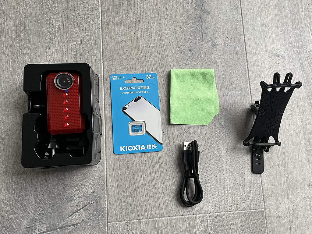 Bike Camera Kit: 1. LED Tail Light, Full HD Rear-View WiFi Bike Light 2. Cell Phone Bicycle Handlebar Mount. 3. 32 GB SD Card.