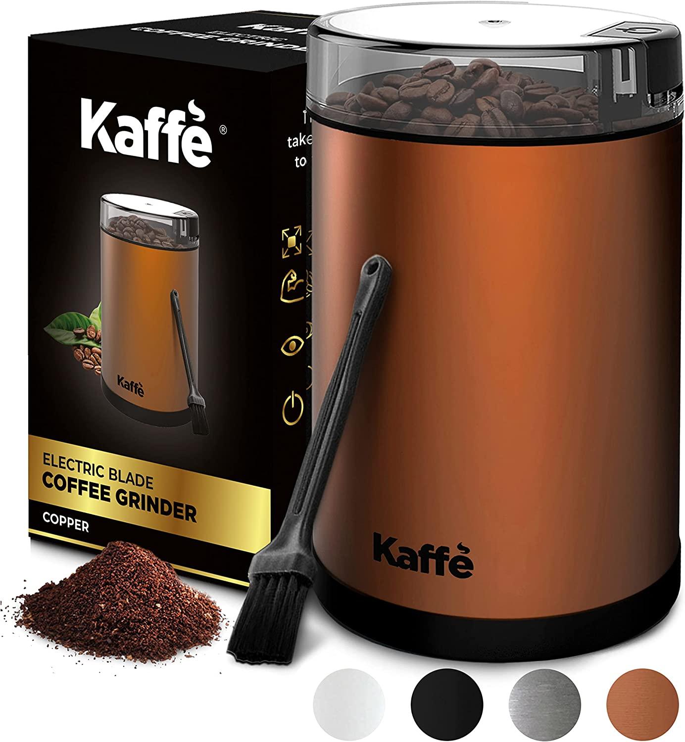 Kaffe Coffee Grinder Electric - Spice Grinder w/Cleaning Brush, Easy On/Off - Perfect for Espresso, Herbs, Spices, Nuts, Grain - 3.5oz / 14 Cup. Copper