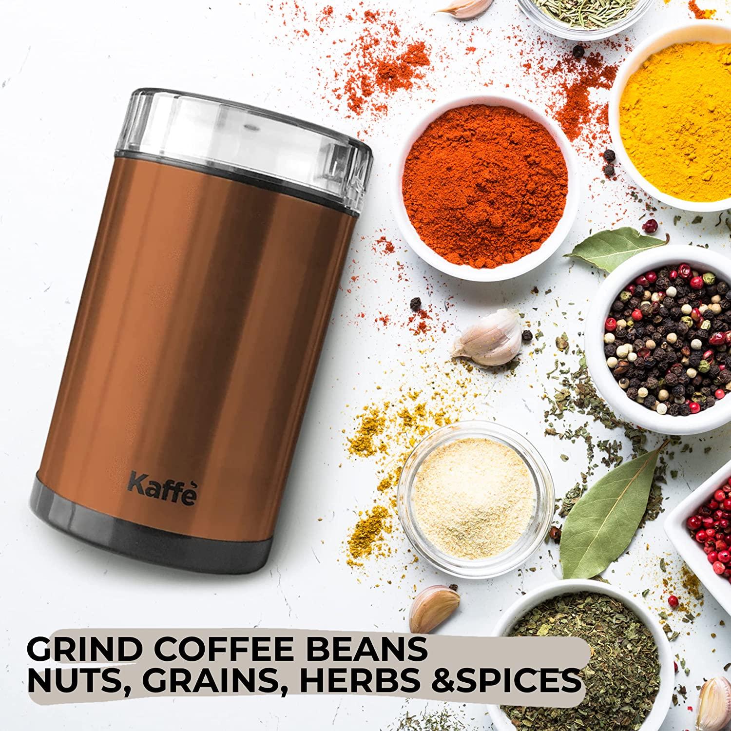 Kaffe Coffee Grinder Electric - Spice Grinder w/Cleaning Brush, Easy On/Off - Perfect for Espresso, Herbs, Spices, Nuts, Grain - 3.5oz / 14 Cup. Copper