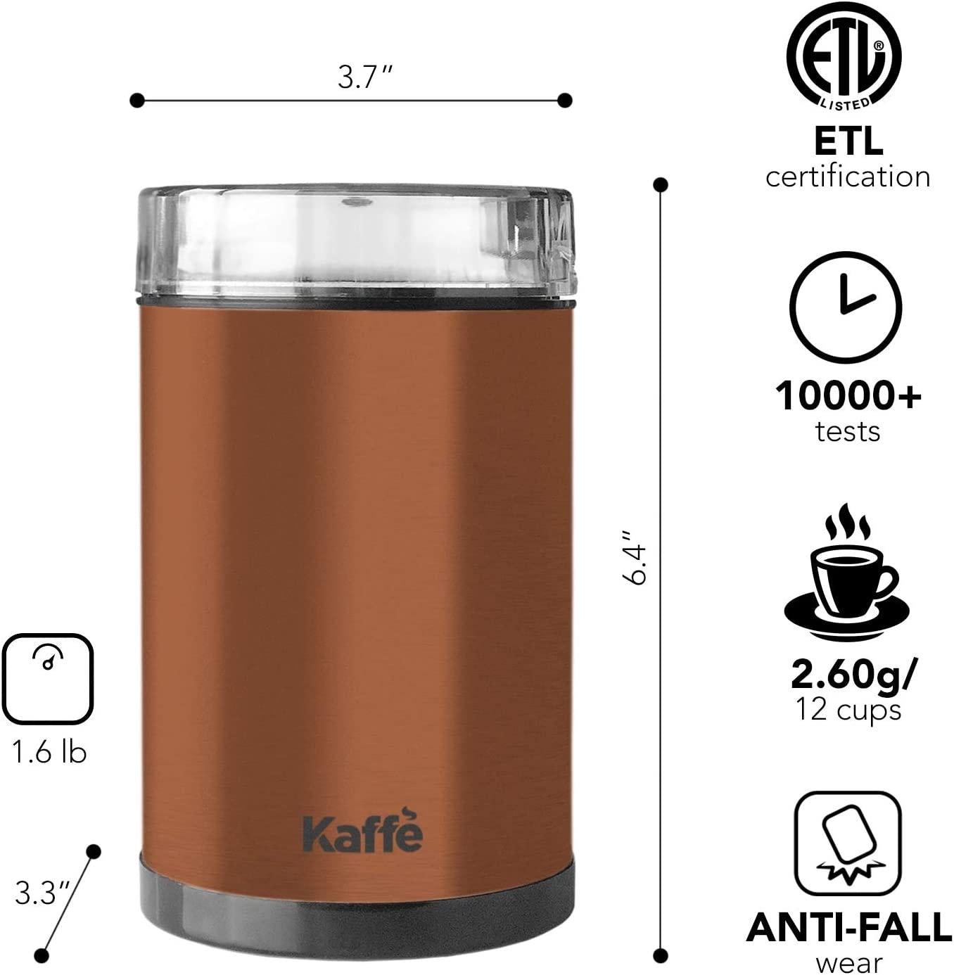 Kaffe Coffee Grinder Electric - Spice Grinder w/Cleaning Brush, Easy On/Off - Perfect for Espresso, Herbs, Spices, Nuts, Grain - 3.5oz / 14 Cup. Copper