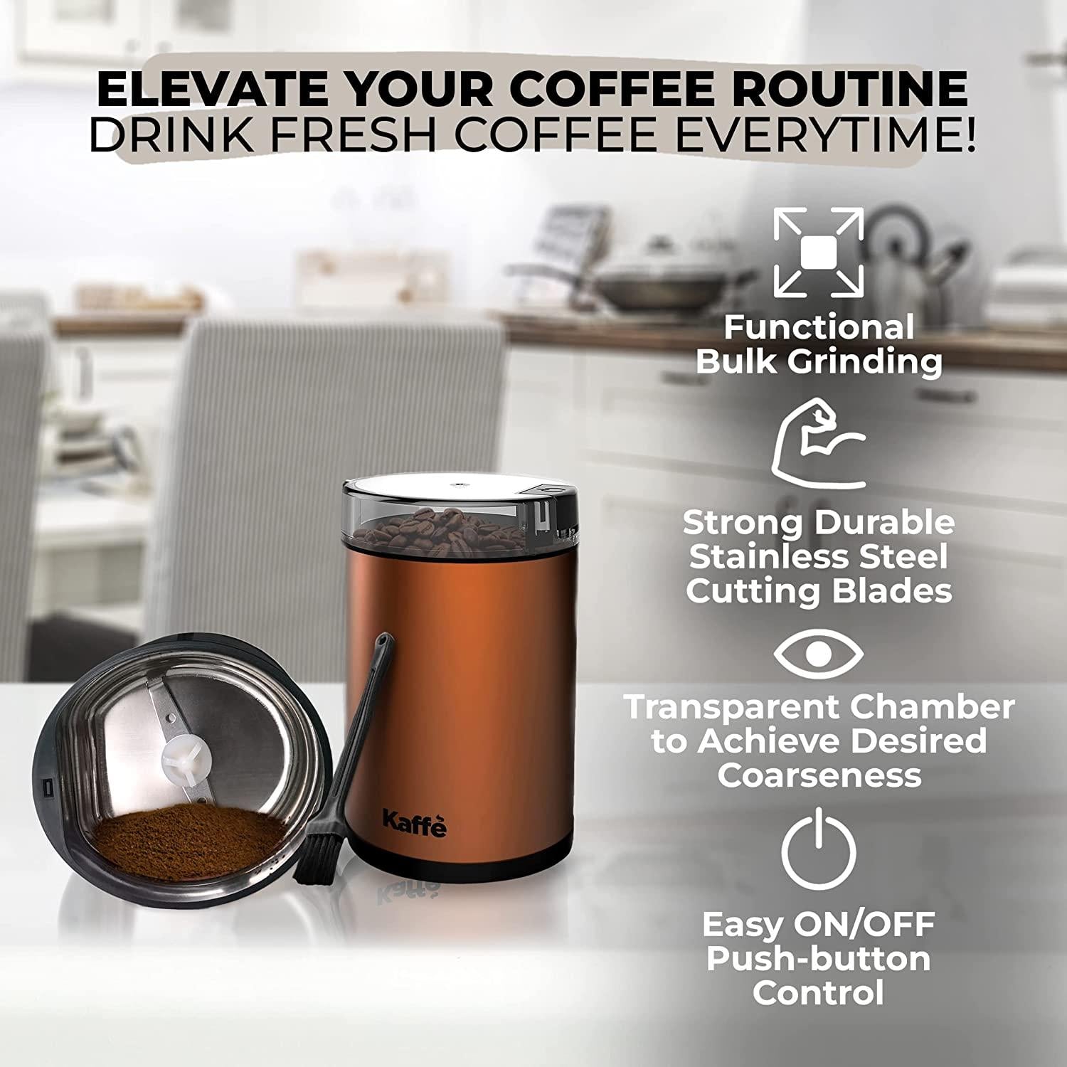 Kaffe Coffee Grinder Electric - Spice Grinder w/Cleaning Brush, Easy On/Off - Perfect for Espresso, Herbs, Spices, Nuts, Grain - 3.5oz / 14 Cup. Copper