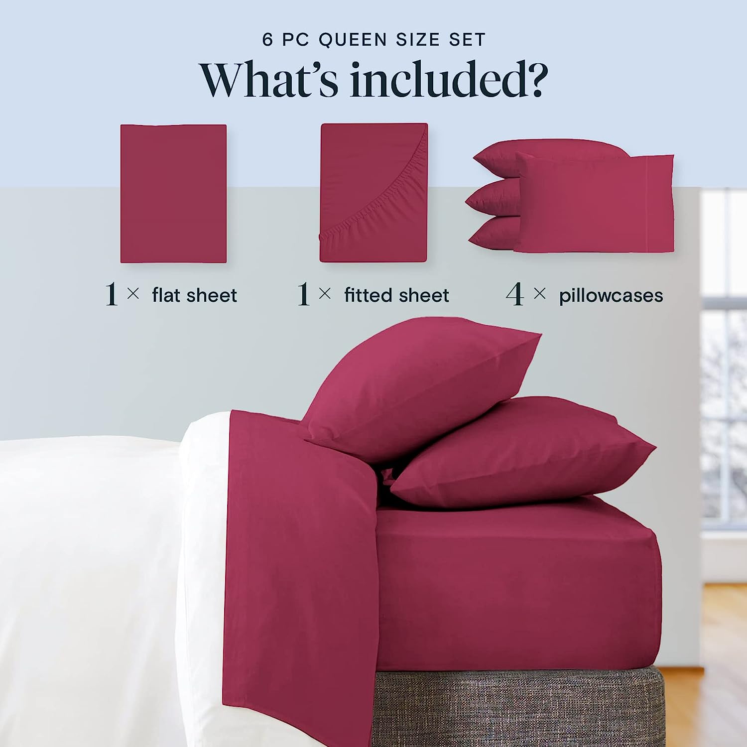 LuxClub 6 PC Full Size Sheet Set Bamboo Sheets Deep Pockets 18" Eco Friendly Wrinkle Free Cooling Sheets Machine Washable Hotel Bedding Silky Soft - Burgundy Full…