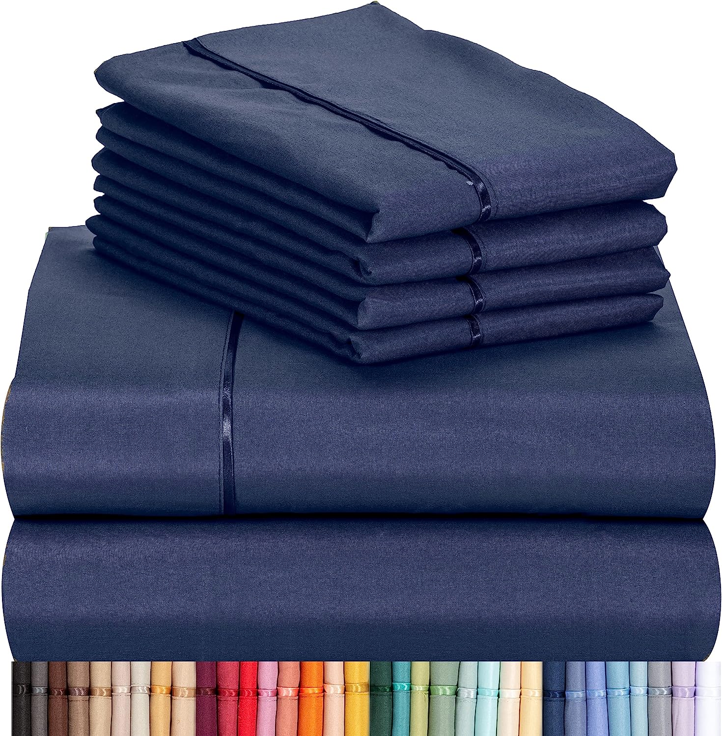 LuxClub 7 PC Split King Sheet Set Bamboo Sheets Deep Pockets 18" Eco Friendly Wrinkle Free Cooling Sheets Machine Washable Hotel Bedding Silky Soft - Navy Split King