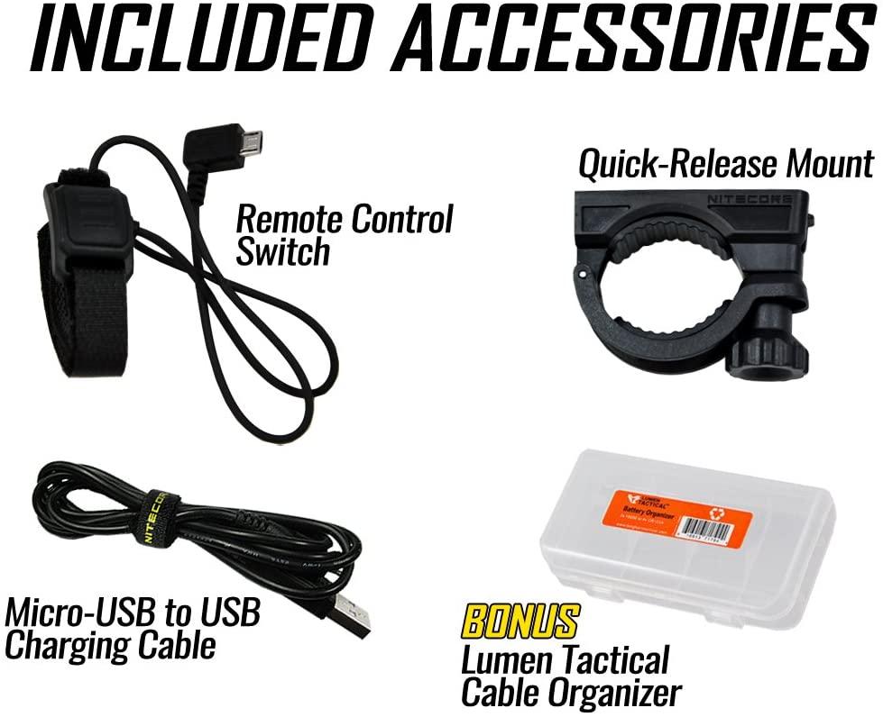 Nitecore BR35 1800 Lumen Dual Beam OLED Display Rechargeable Bike Headlight w/Remote Switch, Mount, Charging Cable and Lumen Tactical Cable Organizer