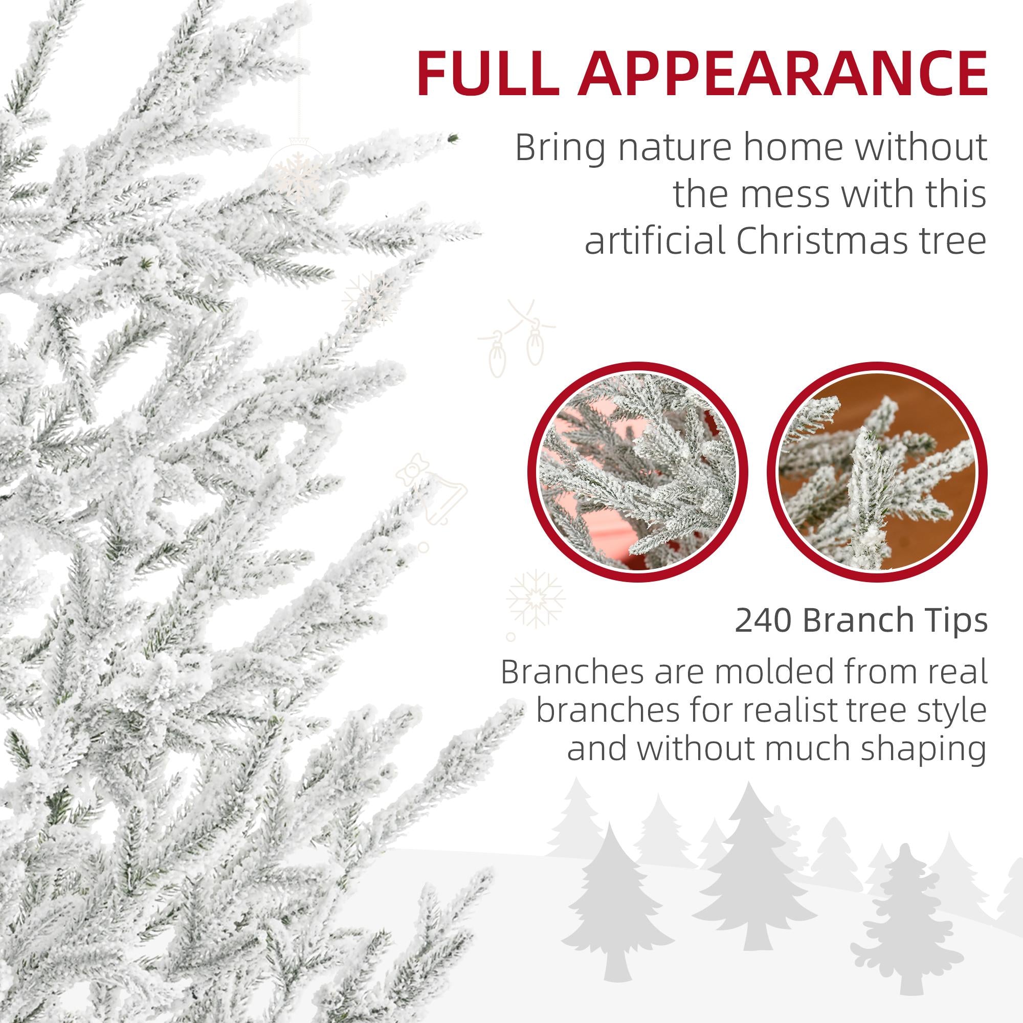 HOMCOM 7 Foot Snow Flocked Artificial Christmas Tree with 240 Fir Realistic Branches, Auto Open, Green